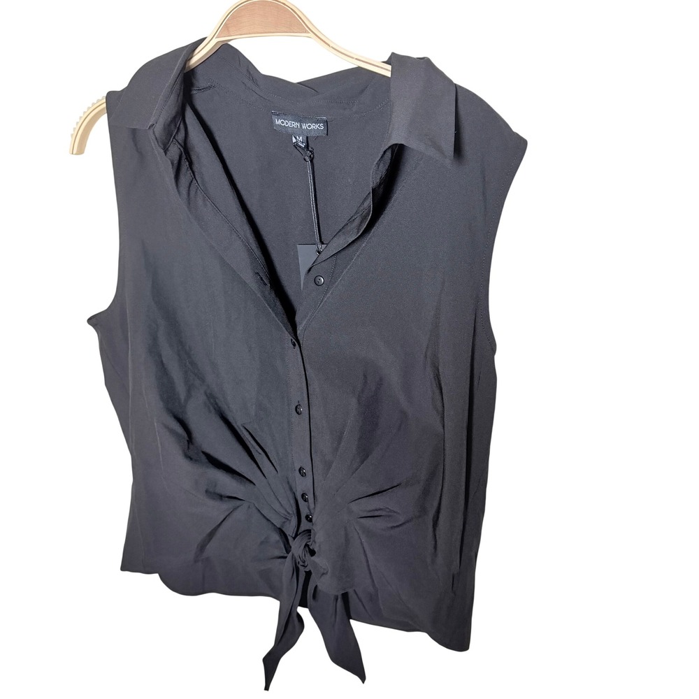 Modern Works Womens Black Sleeveless Tie Front Button Down Blouse Size M NWT
